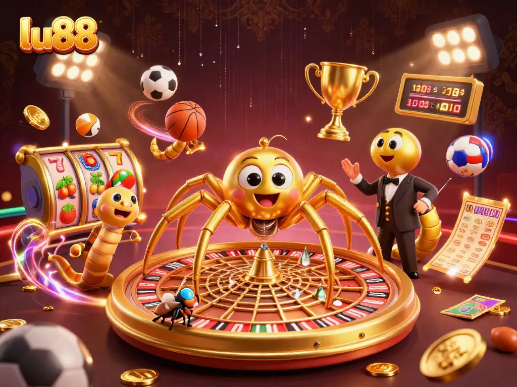 Experience thrilling bets at lu88 with dynamic 3D casino elements and a lively golden web.