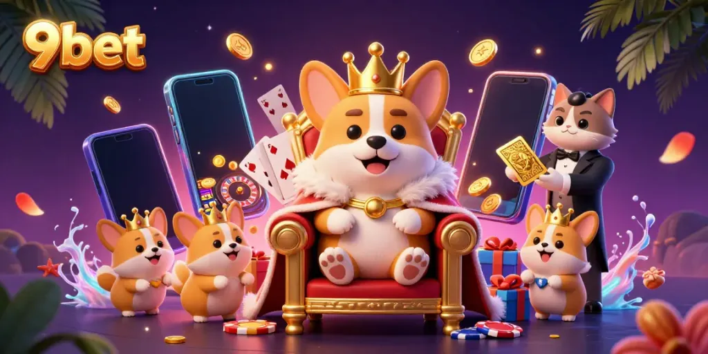 Experience the thrill of 9bet with a royal corgi king amidst vibrant casino-themed elements.