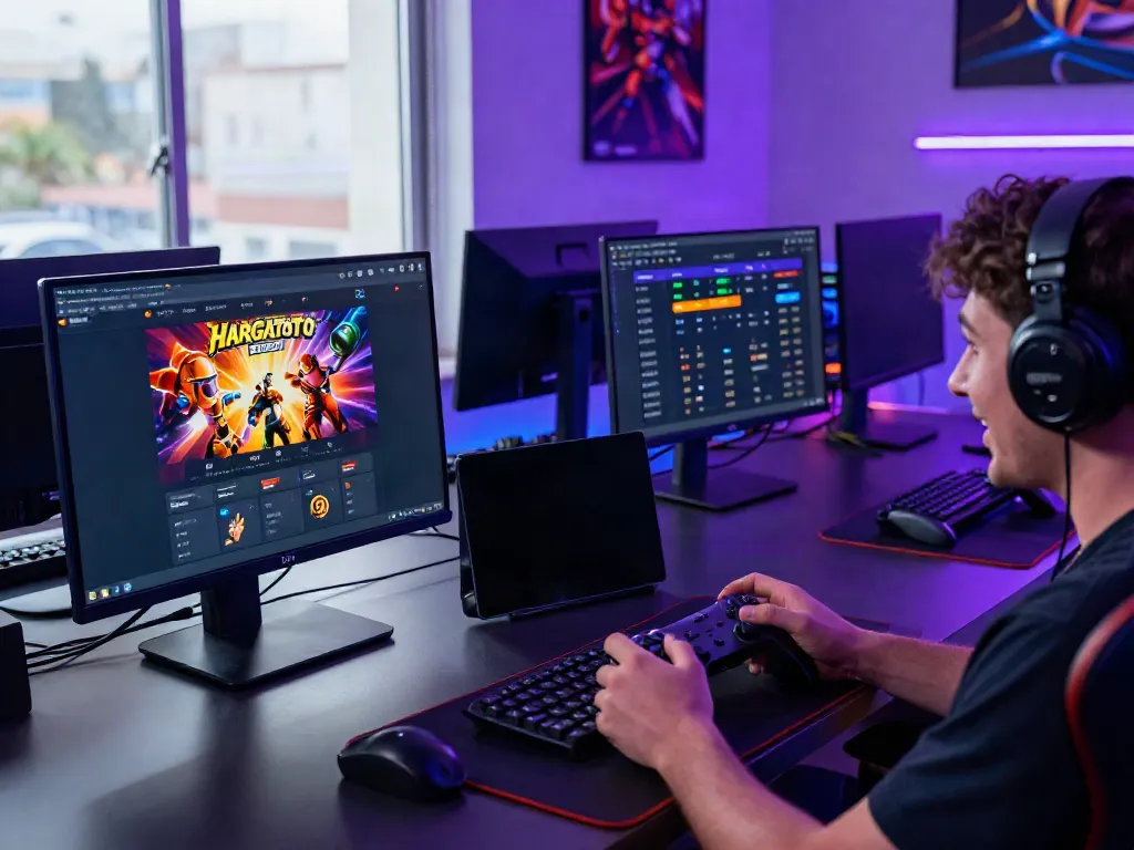 Engaged player enjoying togel online gaming with multiple screens showing results and gameplay