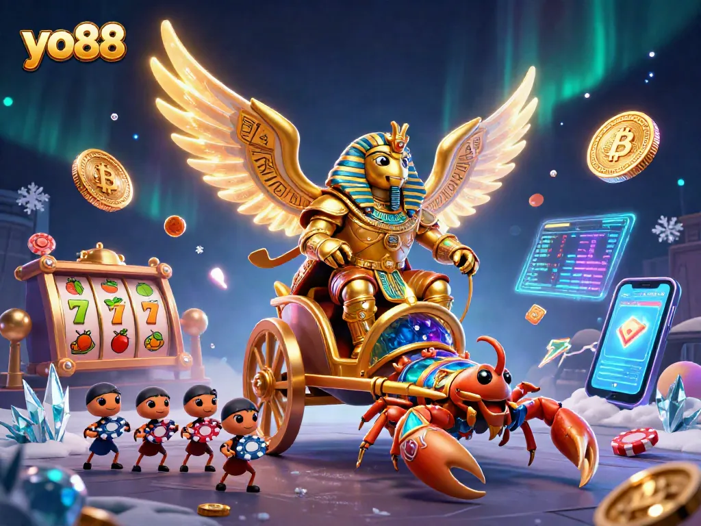 Experience the excitement of yo88 with vibrant slot reels and neon crypto coins.