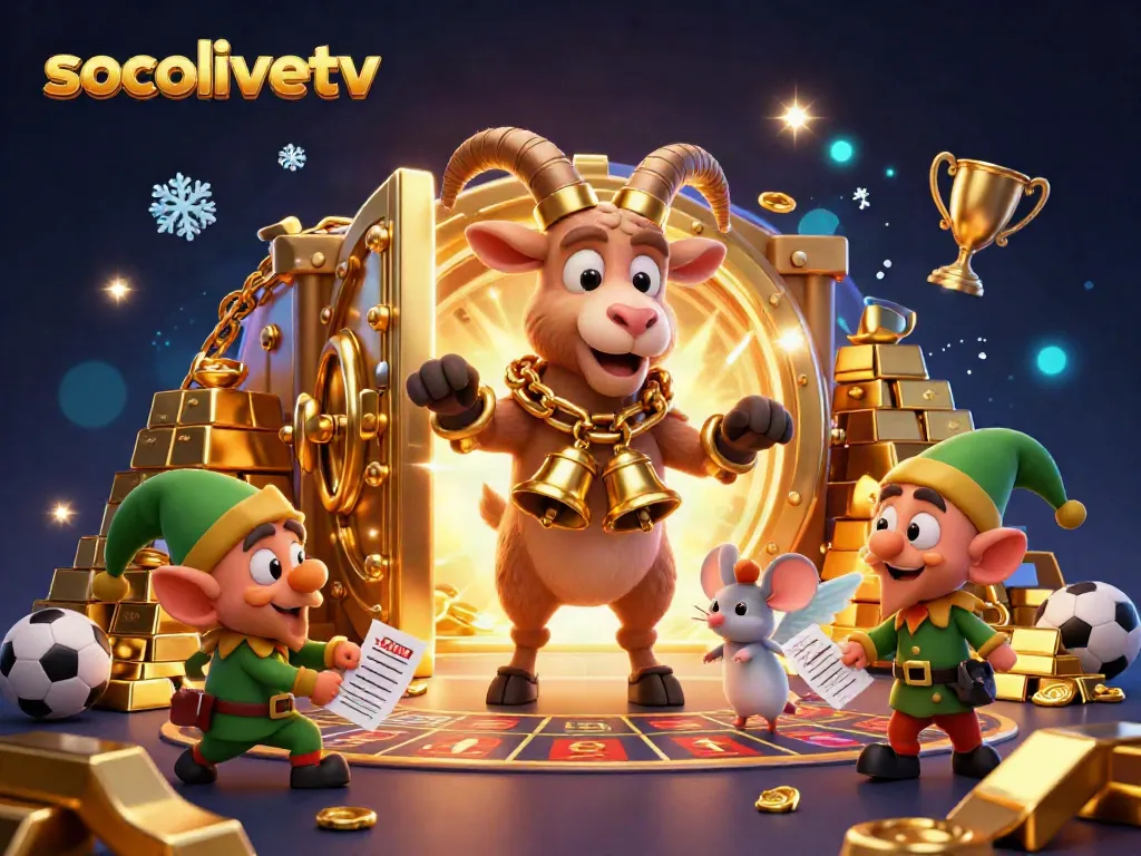 Socolivetv sports betting casino scene with Krampus goat, angel mouse, and elf gremlins stealing betting slips.