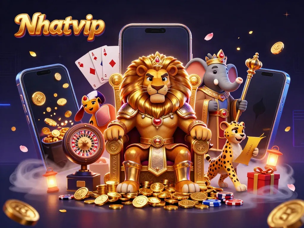 Engage with Nhatvip's vibrant casino scene featuring a majestic lion king, wise elephant advisor, and animated cheetah messenger.