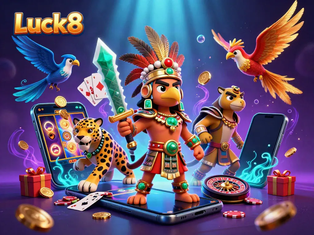 Experience thrilling adventures at Luck8 with vibrant games and engaging characters in a colorful casino setting.