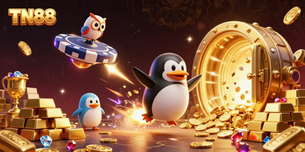 Experience thrilling gaming potential at TN88 with a golden penguin soaring through a radiant casino space.