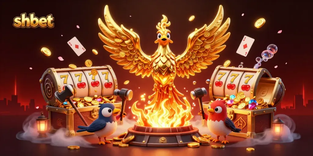 Engage in shbet gaming action with a golden phoenix and vibrant slot elements in a rich animated scene.
