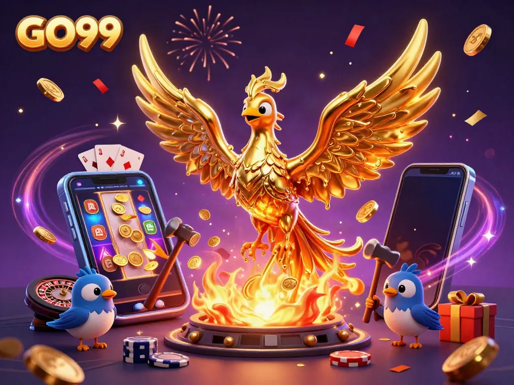 Engaging GO99 gaming scene with a molten phoenix and interactive casino elements