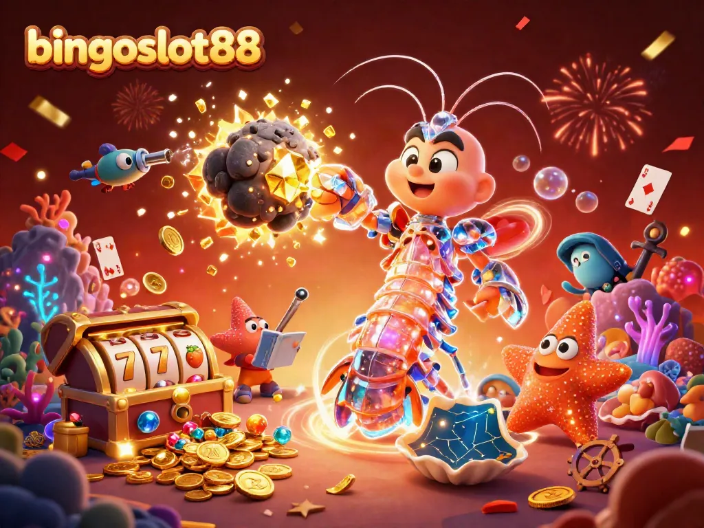 Bingoslot88 menghadirkan ilustrasi kasino epik dengan samurai mantis udang dan koin emas yang berhamburan.