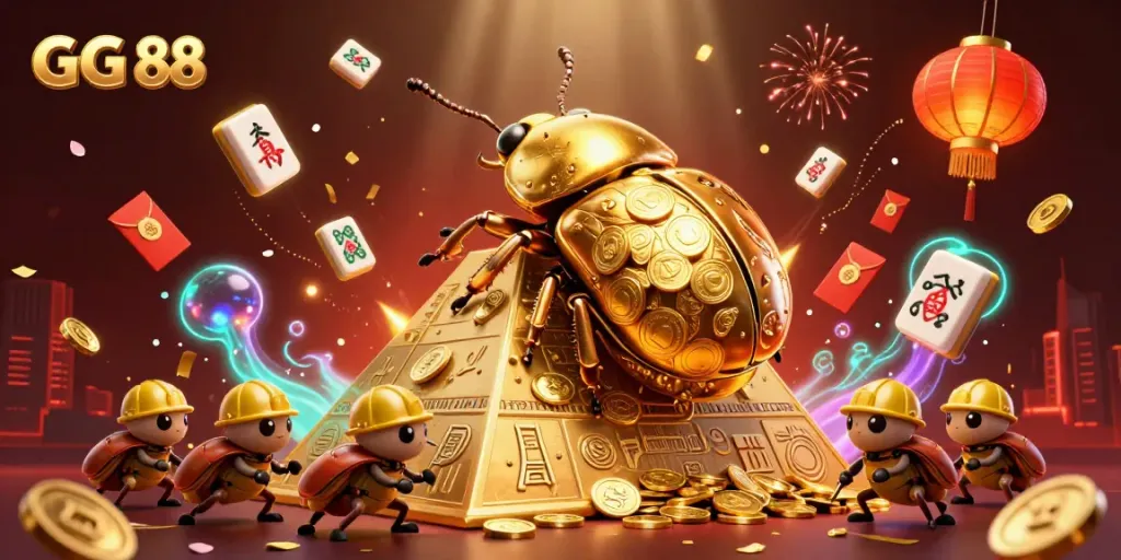 Engage with GG 88 in a vibrant casino illustration showing golden beetles amid coins and traditional symbols.