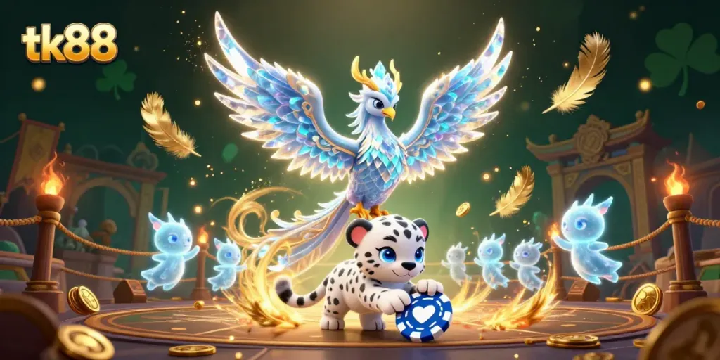 Experience excitement with tk88 as the ice phoenix and snow leopard explore a magical casino world filled with vibrant game elements.