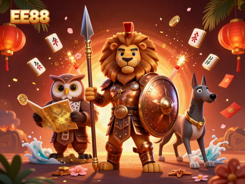 Witness an epic showdown at EE88 with a heroic lion, clever owl strategist, and swift greyhound messenger in a lavish casino setting.