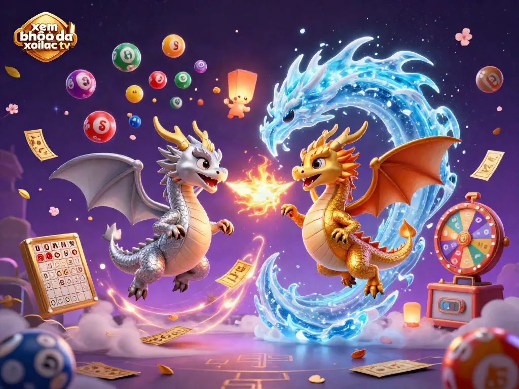 Xem bóng đá xoilac tv features twin 3D cartoon dragons amidst a dynamic lottery-themed illustration.