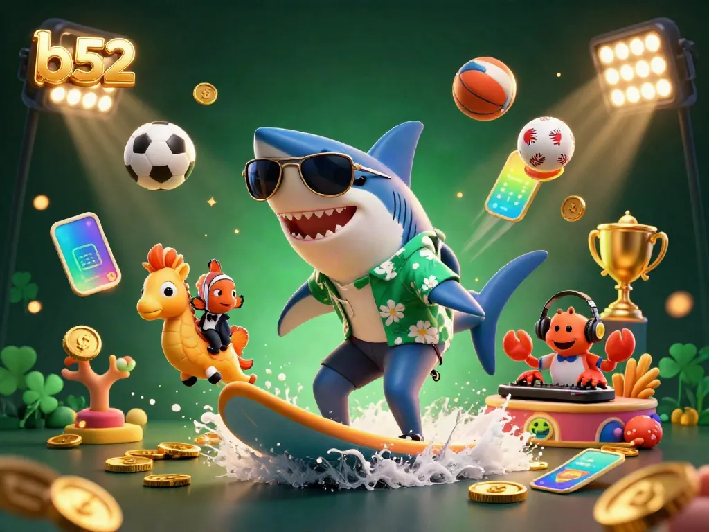 Engage with b52 in this vibrant scene of a hammer-head shark surfing gold coin waves amidst dynamic sports elements.
