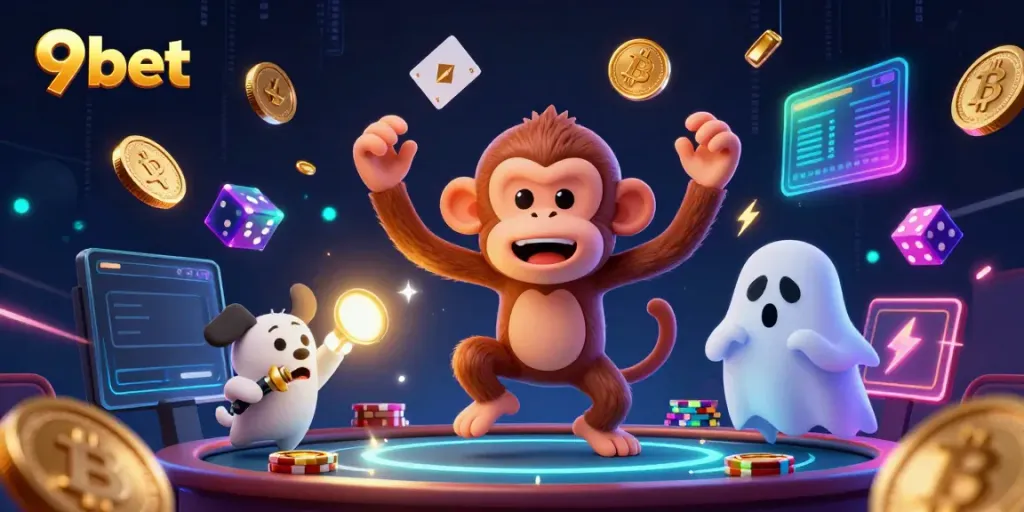 Engage in thrilling gameplay at 9bet with a cartoon monkey juggling coins in a vibrant casino.