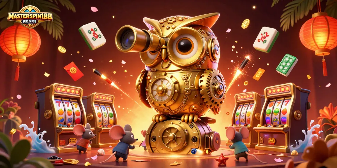 Experience the thrill of gaming with MASTERSPIN188 RESMI, featuring a golden owl scanning a vibrant casino floor.