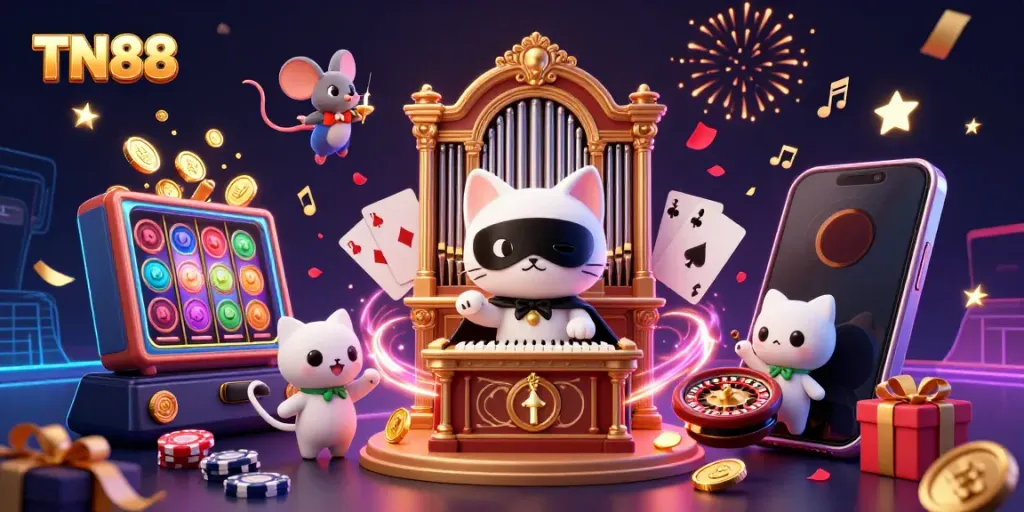Experience the vibrant TN88 casino atmosphere with animated characters and dynamic gambling elements.