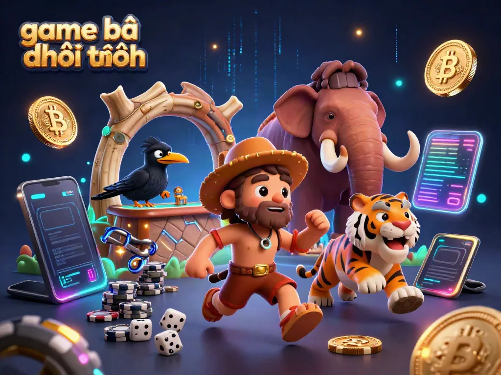 Join the thrilling game bài đổi thưởng at a prehistoric casino with cartoon characters and glowing crypto elements.