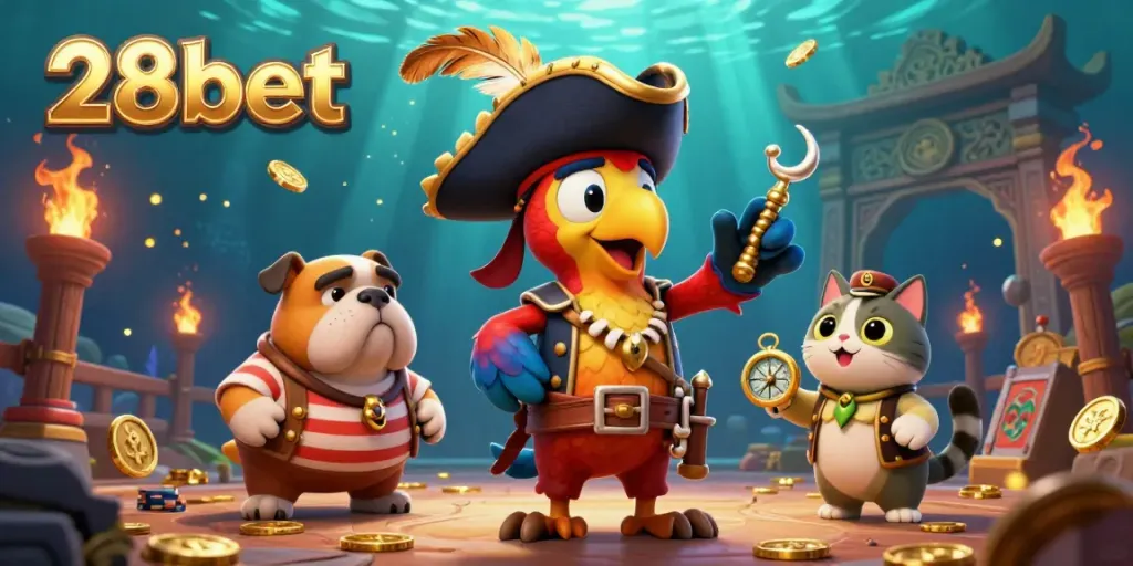 Experience the excitement of 28bet with this vibrant 3D scene featuring a pirate captain and dynamic casino elements.