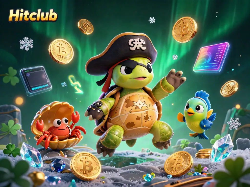 Hitclub's dynamic promotional scene showcases a pirate turtle and treasures, bringing excitement to online gaming.