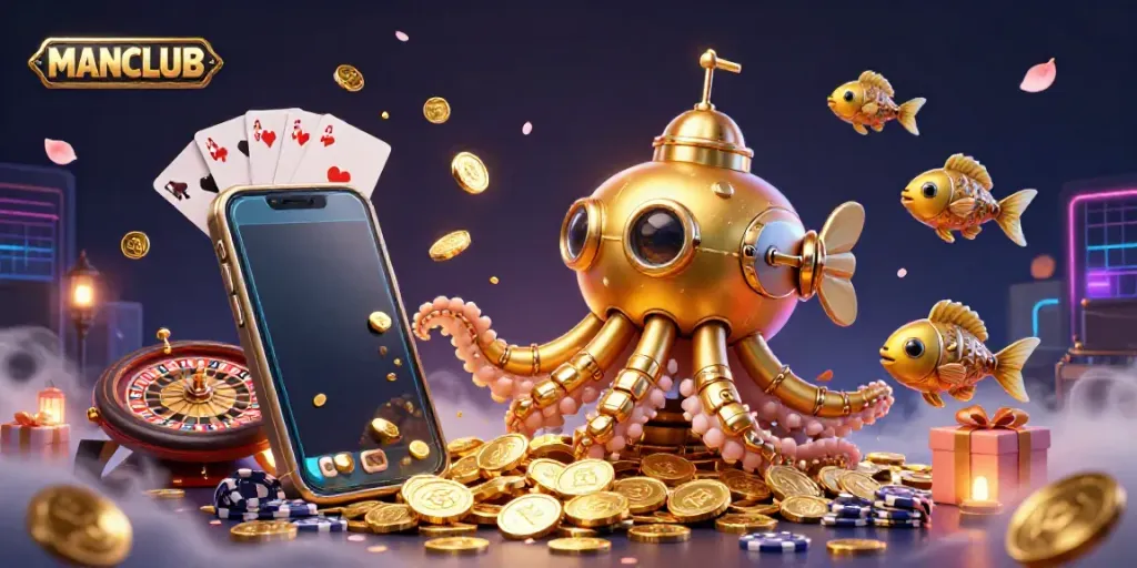 Win big at the MANCLUB slots with a mesmerizing scene of a golden kraken submarine amidst a shower of coins.