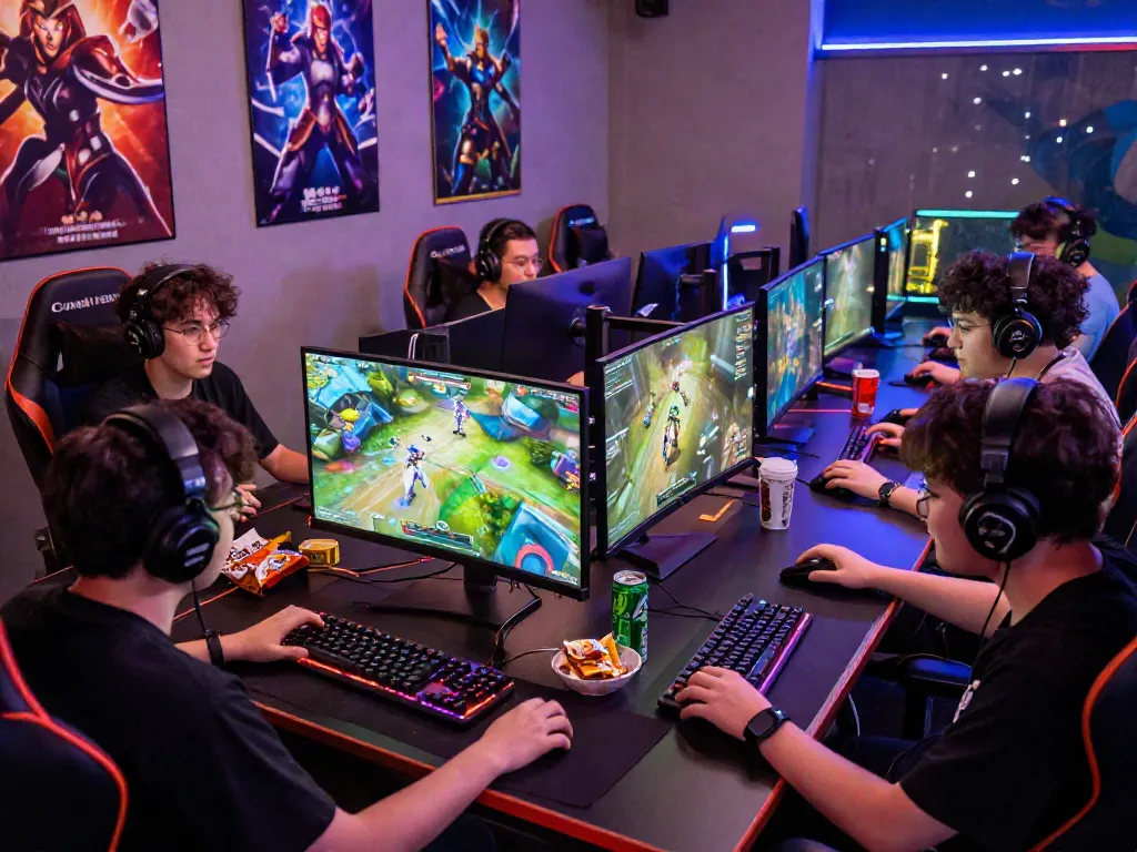 Engaging scene of friends enjoying istana404 gaming session with vibrant monitors and competitive setup.