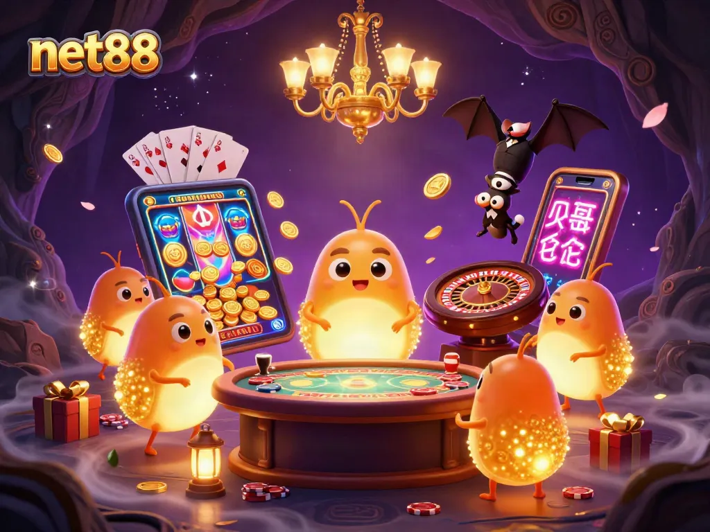 Experience thrill at net88 with vibrant casino elements and engaging glowworm characters.