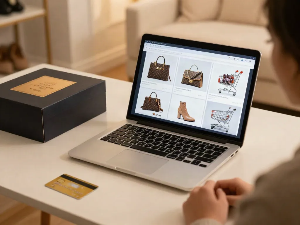 Shopping for high-quality replicas online, featuring a cozy desk scene showcasing premium bags and shoes.