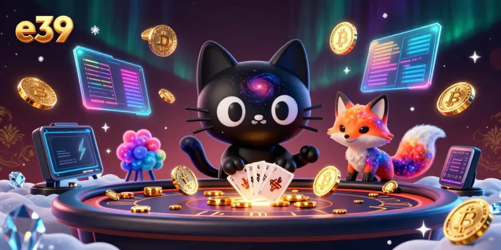 Engage in thrilling gameplay at e39 casino with a cosmic scene featuring a black hole cat and colorful elements.