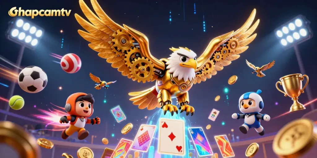 Experience sports betting excitement with thapcamtv's dynamic 3D illustration showcasing golden eagle and interactive gaming elements.
