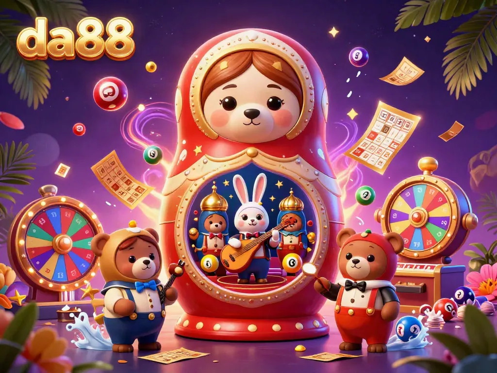 Engaging da88 casino illustration featuring a Russian Matryoshka bear and vibrant game elements.