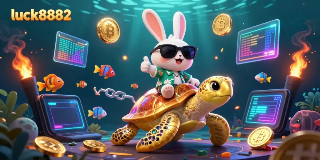 Play with luck8882 as the lucky rabbit rides a golden turtle in a vibrant underwater casino scene.