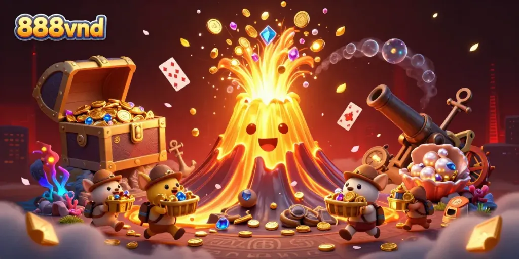 Experience adventure with 888vnd in this vibrant casino-themed scene of treasure and excitement.