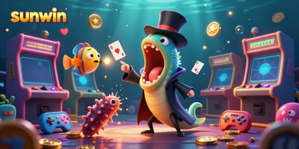 Engage with Sunwin through vibrant 3D characters performing casino magic, showcasing electronic gaming elements.