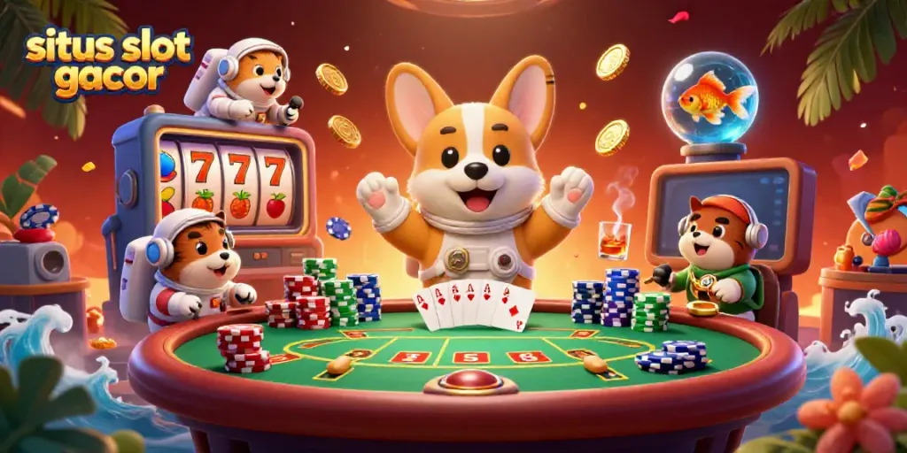Experience the thrill of situs slot gacor with a floating casino scene featuring a cartoon corgi and dynamic slot reels.