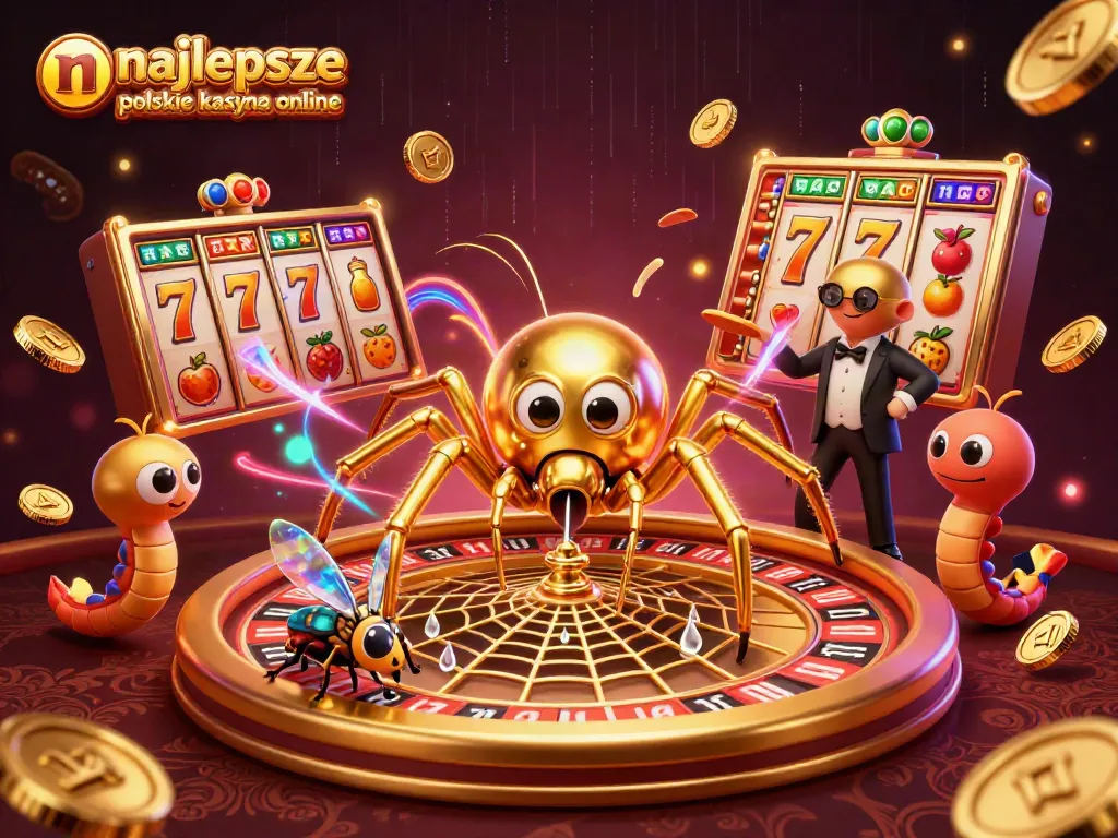 Engaging 3D depiction of najbolja polska kasyna online featuring a roulette wheel web with vibrant casino elements and characters.