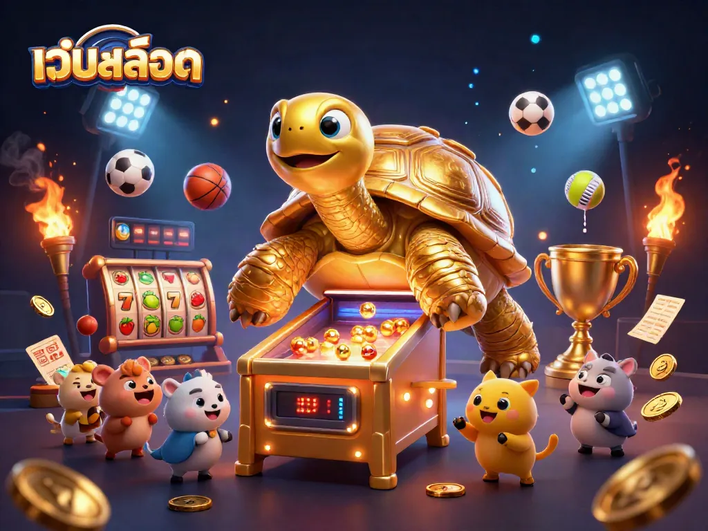 Experience the excitement of เว็บสล็อต with a vibrant scene featuring a golden tortoise pinball and dynamic slot elements.