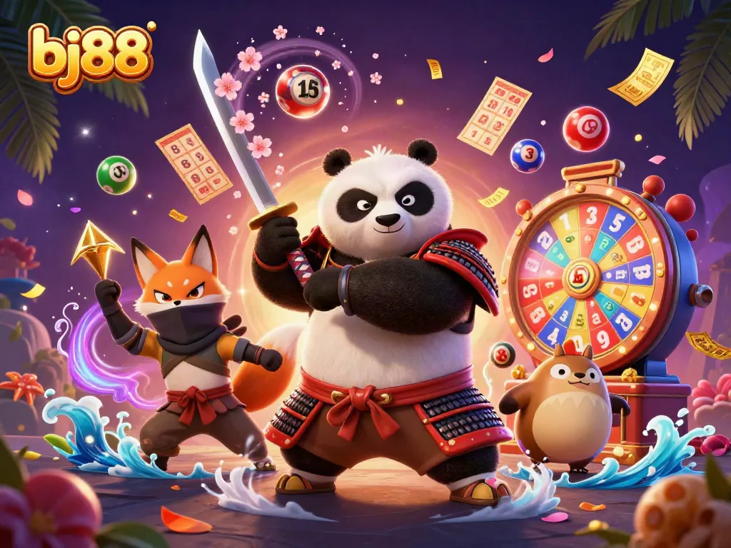 Experience winning chances at bj88 with a vibrant 3D illustration of casino-themed characters and elements.