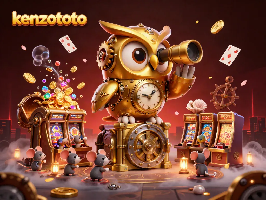 Engage with kenzototo in this vibrant casino scene with a clockwork owl and animated characters.