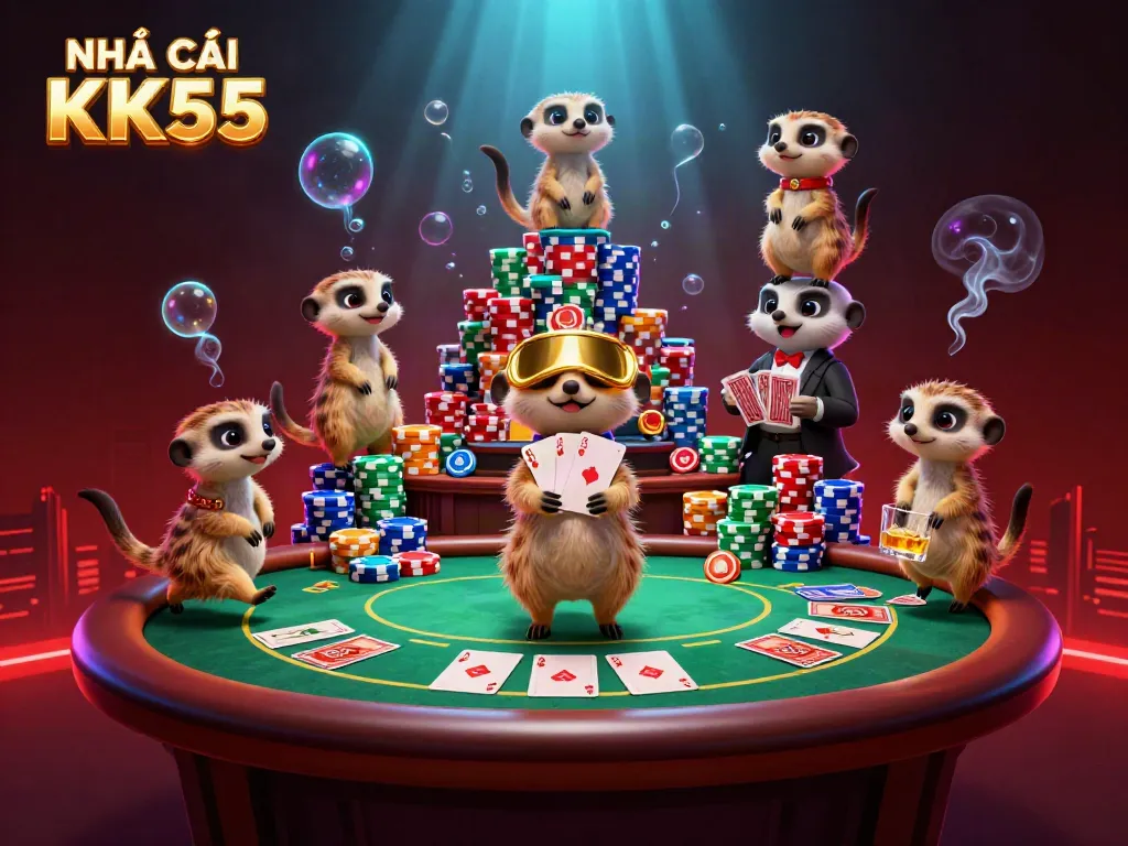 Engaging scene featuring NHÀ CÁI KK55 with cheerful meerkats running a lively casino, showcasing poker elements and colorful chips.