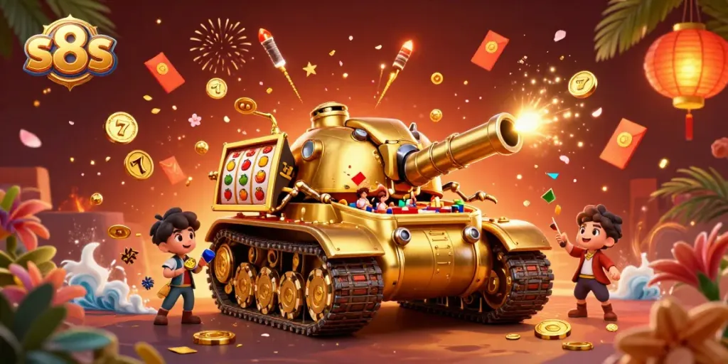 Experience the thrilling s8s casino adventure in a dynamic golden beetle tank surrounded by slots and festive elements.