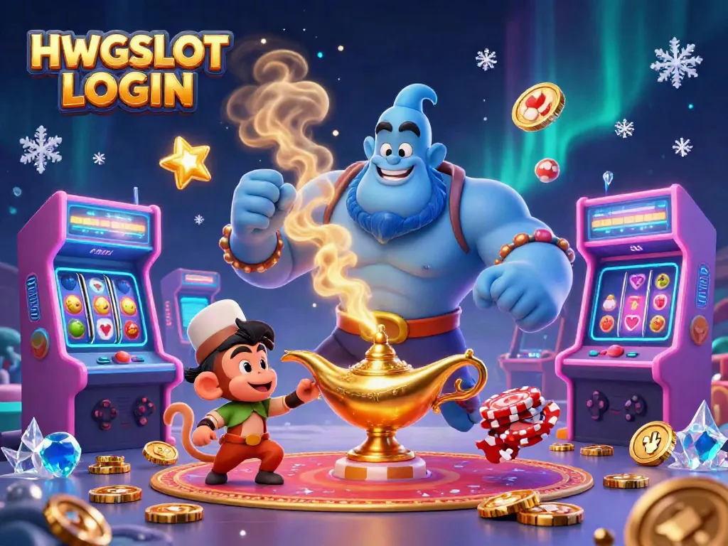 Engage with HWGSLOT LOGIN and experience thrilling casino adventures with a magical genie, monkey, and slot reels.