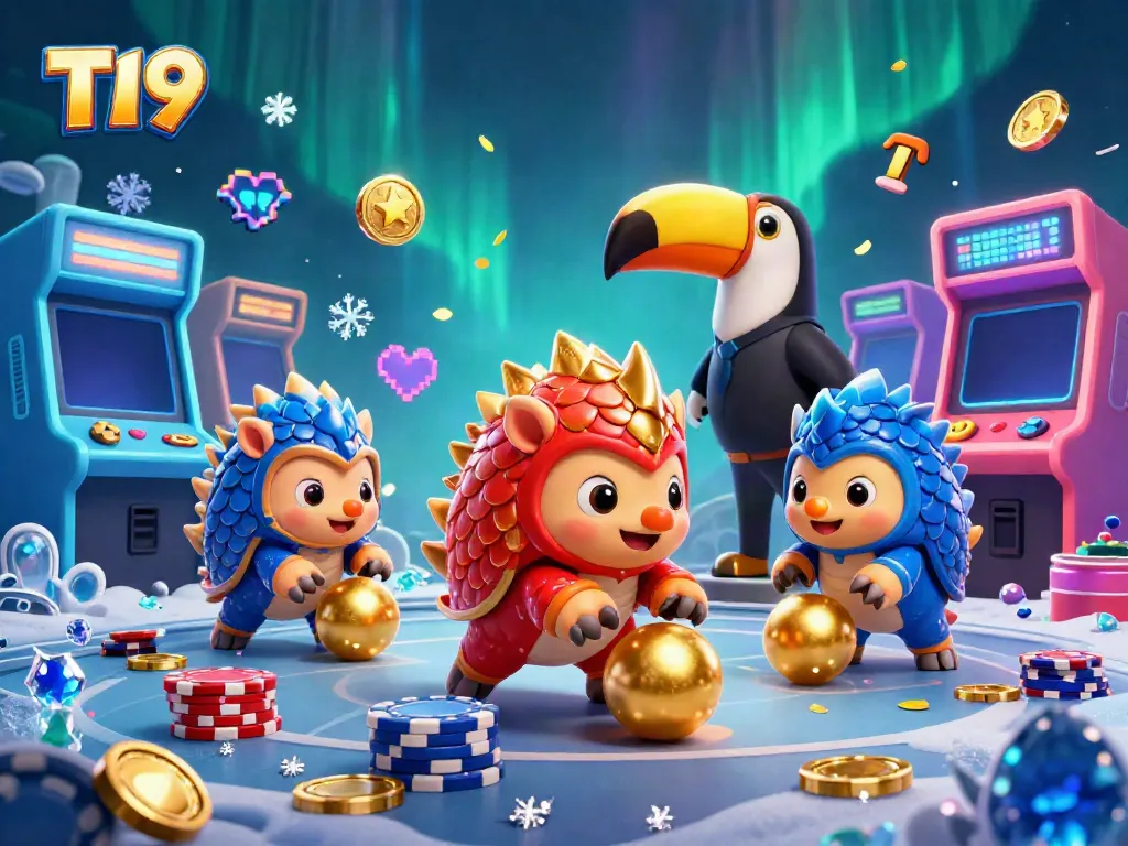 T19 pangolins competing in a vibrant casino scene filled with colorful slots and poker chips.