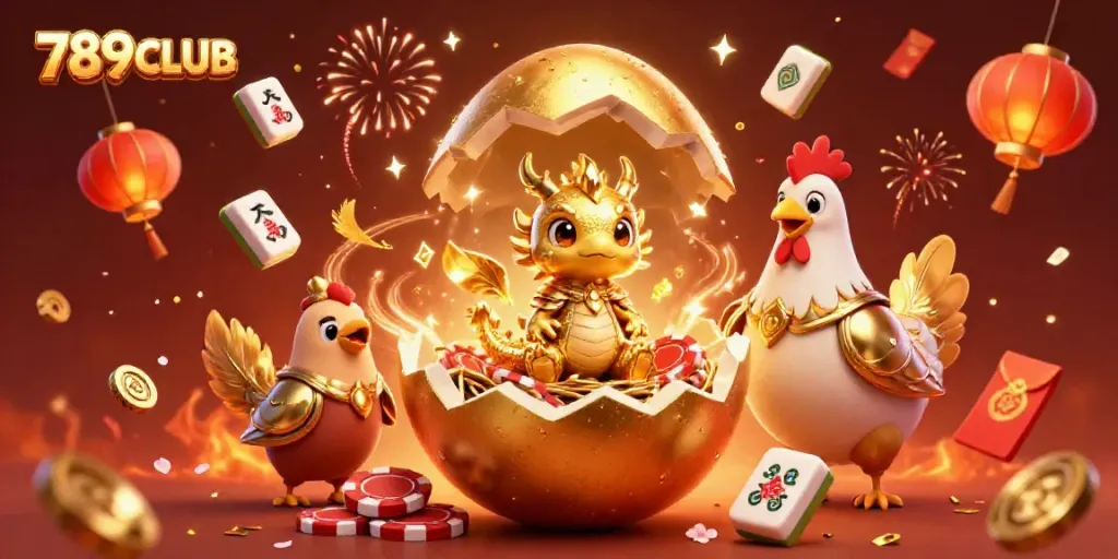 Engaging 789CLUB promotional art featuring a baby dragon amidst golden poker chips with festive elements.