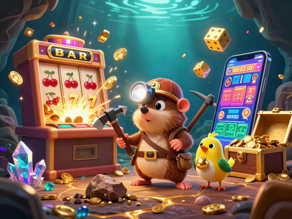 Engaging lc88 casino scene with a treasure hunter mole and canary among vibrant slot machine jackpots.
