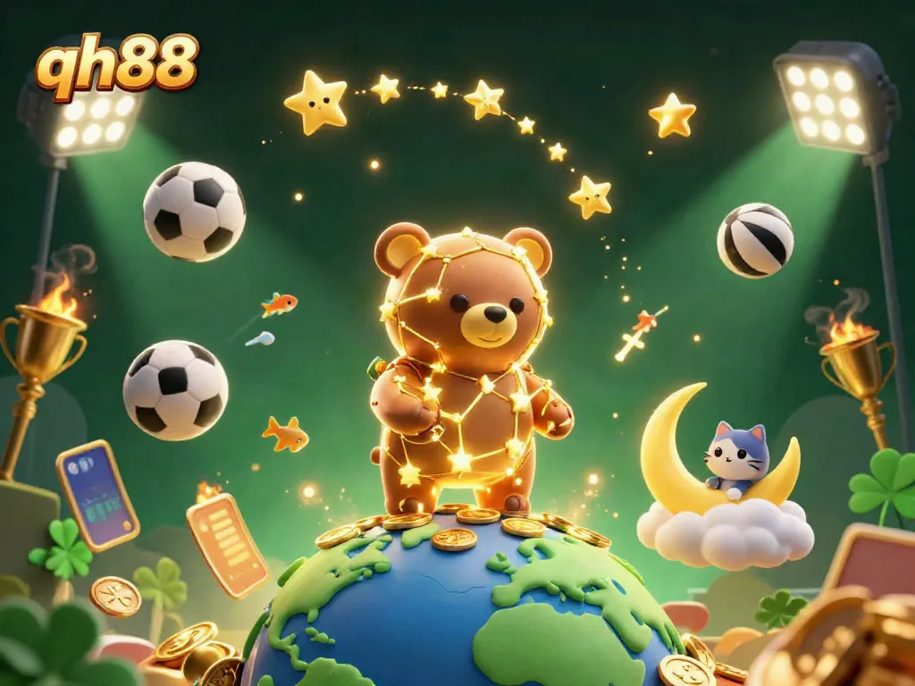 Engage with qh88's thrilling betting adventure, featuring golden stars and animated sports elements.