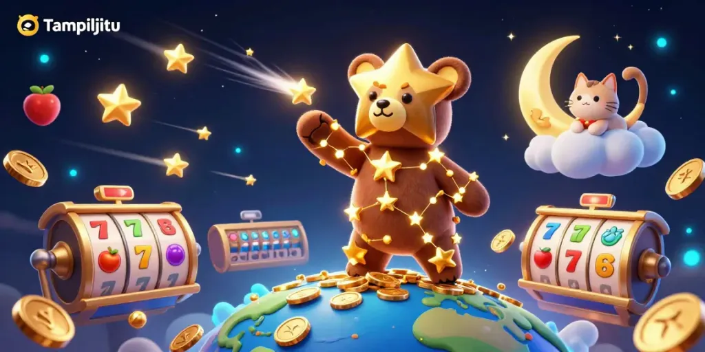 Tampiljitu's constellation bear scoops coins in a dynamic gaming scene with slot elements.