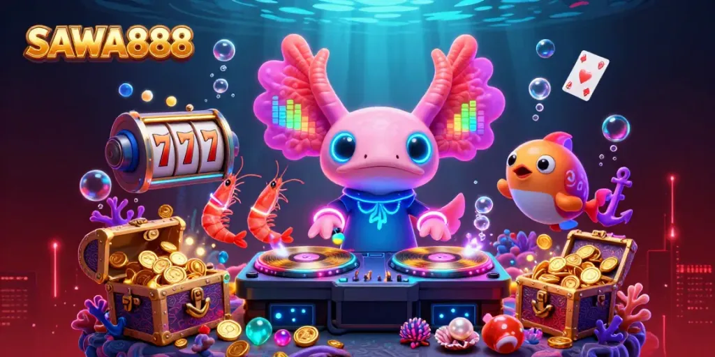 Spin to win with SAWA888 in a vibrant, dynamic casino-themed underwater party.