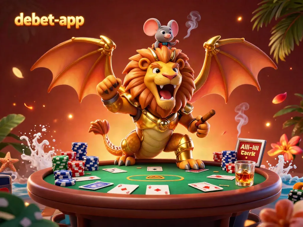 Experience the excitement of debet-app with a chimera and poker elements in a vibrant casino scene.