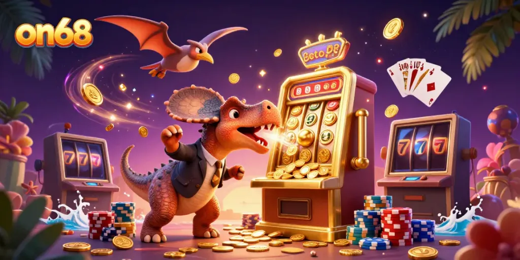 Experience the on68 jackpot thrill with a colorful scene of cartoon characters celebrating winnings