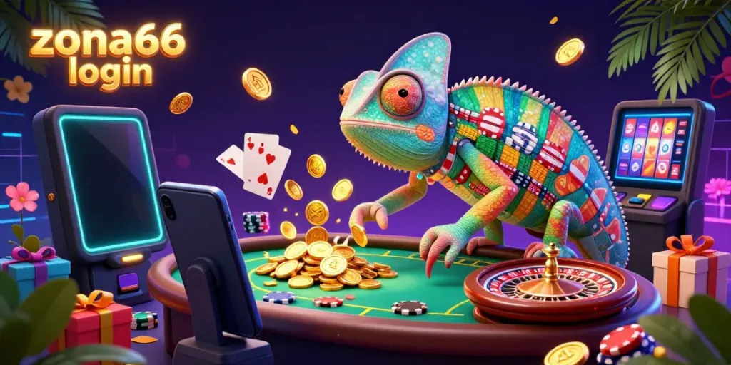 Experience an exciting zone of play as the zona66 login scene showcases a colorful casino owner amid a vibrant gaming atmosphere.
