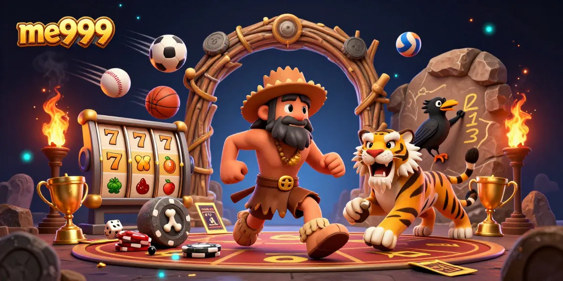 Play exciting games at me999 casino with our vibrant prehistoric illustration featuring playful characters.